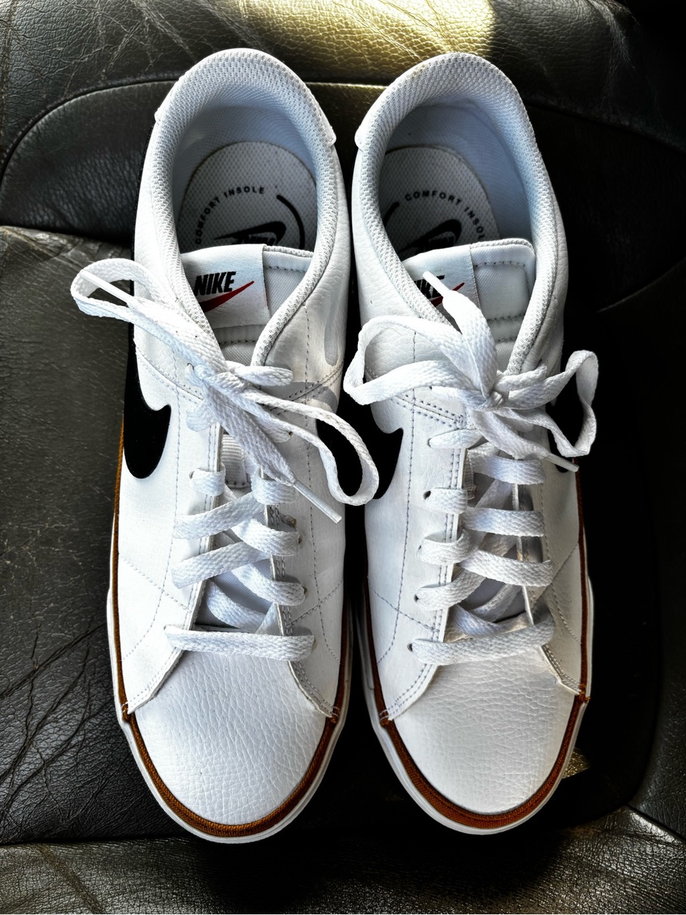 Nike White Low-Top Sneakers with Black Swoosh and Brown Trim